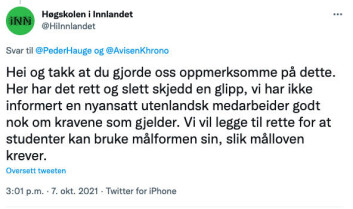 Like etter klokka 15 torsdag ettermiddag tvitra Høgskulen i Innlandet følgjande melding. Like etter klokka 15 torsdag ettermiddag tvitra Høgskulen i Innlandet følgjande melding.