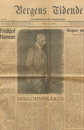 Fremsiden av Bergens Tidende onsdag 14. mai 1930, dagen etter Nansens dødsfall. Da var det blant annet hans arbeid for flyktninger som sto i fokus.