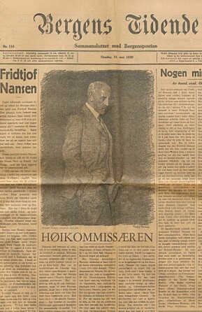 Fremsiden av Bergens Tidende onsdag 14. mai 1930, dagen etter Nansens dødsfall. Da var det blant annet hans arbeid for flyktninger som sto i fokus. Fremsiden av Bergens Tidende onsdag 14. mai 1930, dagen etter Nansens dødsfall. Da var det blant annet hans arbeid for flyktninger som sto i fokus.
