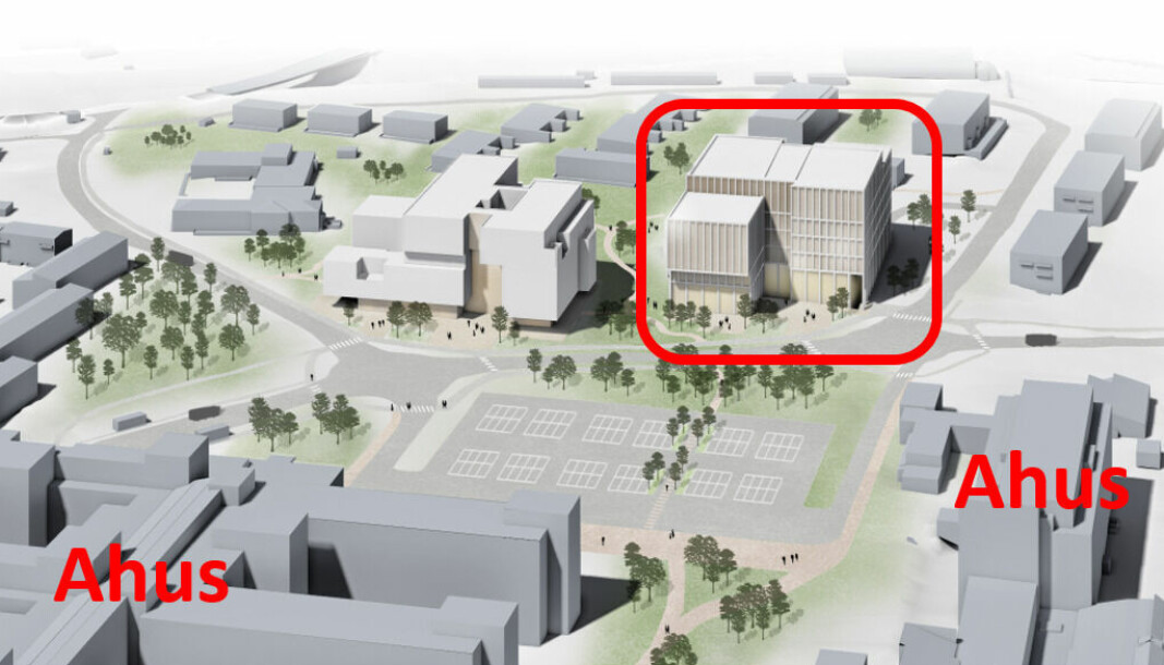 Her i bygget som er ringet inn ved Ahus i Lørenskog anbefales det at OsloMet etablerer sin nye Romerike-campus. Illustrasjon: ASAS arkitekter