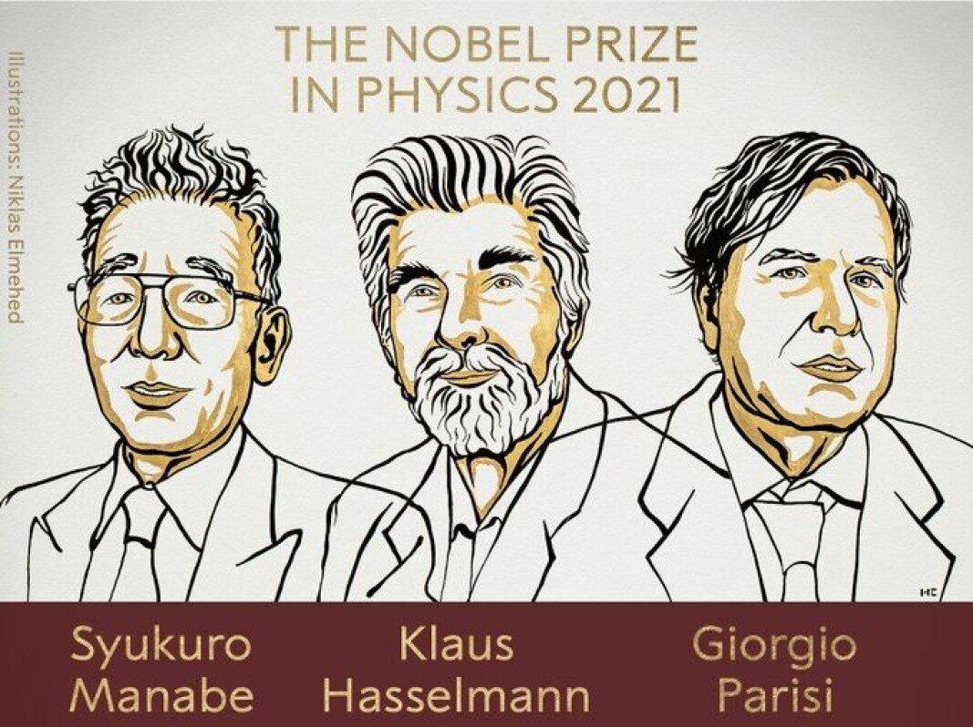 Illustrasjon av nobelprisvinnerne i fysikk 2021.