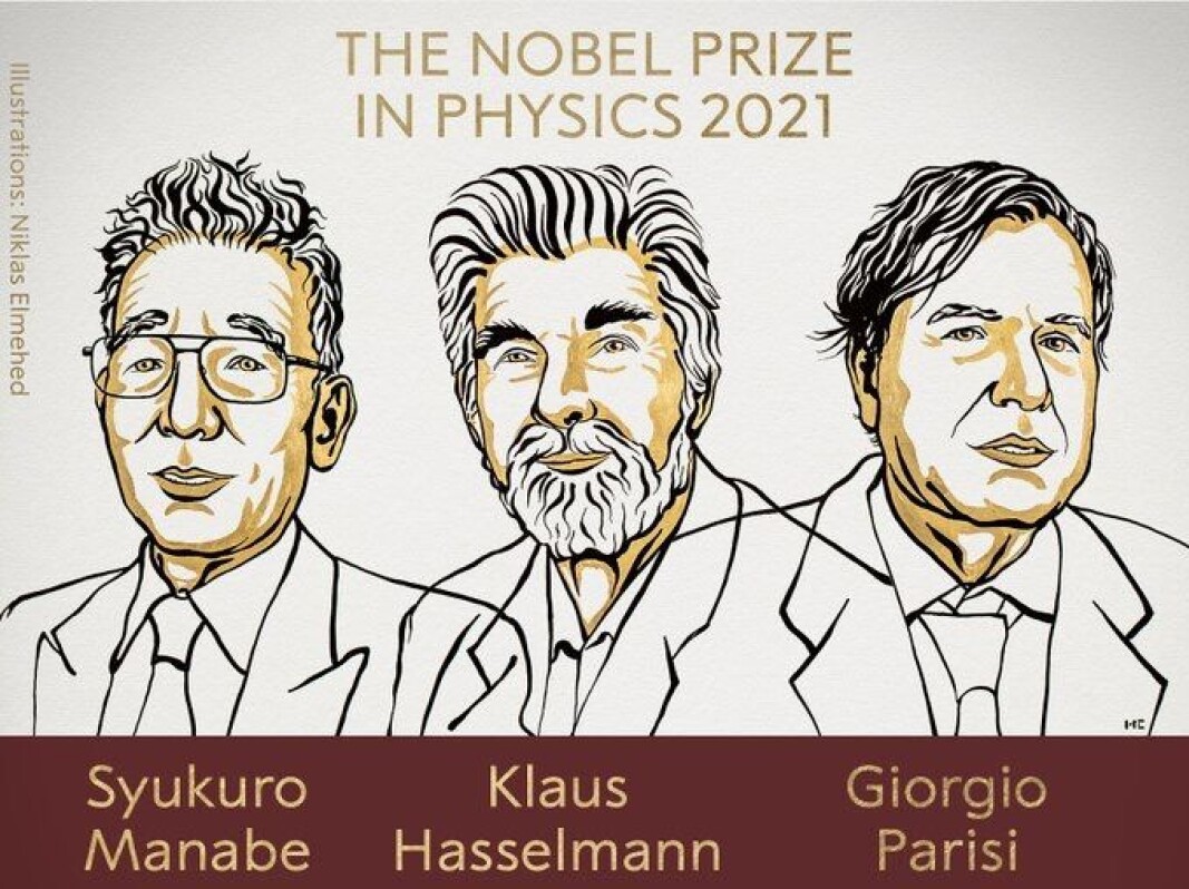 Illustrasjon av nobelprisvinnerne i fysikk 2021. Illustrasjon av nobelprisvinnerne i fysikk 2021.