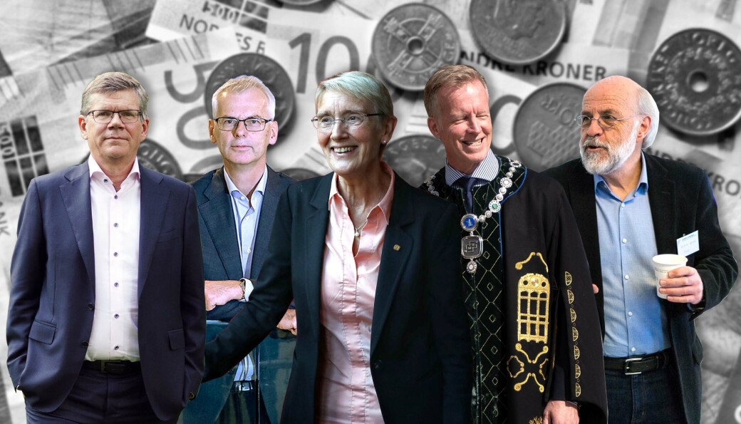 (F.v.) rektor Svein Stølen (UiO), Øystein Thøgersen (NHH), Anne Borg (NTNU), Curt Rice (NMBU) og Petter Aasen (USN) er på lønnstoppen over offentlig ansatte rektorer i Khronos oversikt . (F.v.) rektor Svein Stølen (UiO), Øystein Thøgersen (NHH), Anne Borg (NTNU), Curt Rice (NMBU) og Petter Aasen (USN) er på lønnstoppen over offentlig ansatte rektorer i Khronos oversikt .
