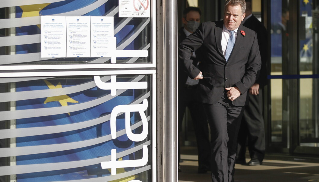 Den britiske brexit-ministeren David Frost før et møte med EU-kommisjonens visepresident Maros Sefcovic i Brussel fredag. Forskningsaktører presser nå på for en avtale om assosiering til Horisont Europa uavhengig av andre forhandlinger etter brexit.