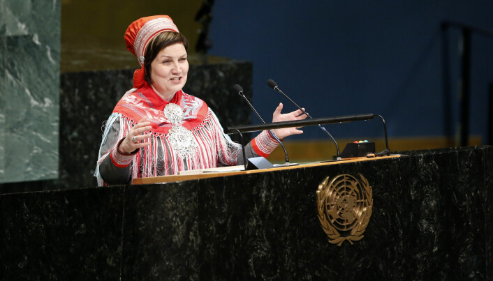 Tidligere sametingspresident Aili Keskitalo er nå styremedlem ved UiT. Her holder hun tale i FNs generalforsamling i 2019.