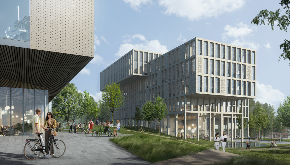 I et nybygg på Ahus i Lørenskog (bygget til høyre) skal OsloMet flytte inn hvis styret følger innstillingen fra fungerende rektor Nina Waaler. Konseptillustrasjon Asas arkitektur.