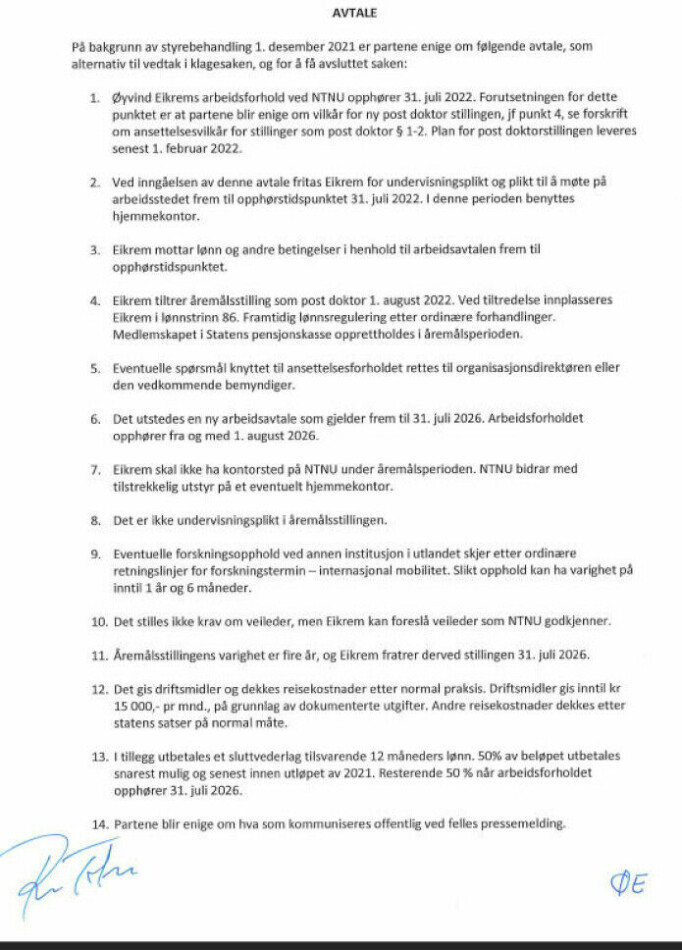 Forliksavtalen, først publisert av Universitetsavisa. Forliksavtalen, først publisert av Universitetsavisa.