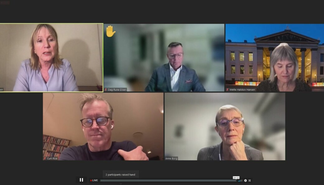 UiB-rektor Margareth Hagen (oppe til høyre), UiT-rektor Dag Rune Olsen, viserektor ved UiO, Mette Halskov Hansen, NMBU-rektor Curt Rice og NTNU-rektor Anne Borg deltok i debatten. UiB-rektor Margareth Hagen (oppe til høyre), UiT-rektor Dag Rune Olsen, viserektor ved UiO, Mette Halskov Hansen, NMBU-rektor Curt Rice og NTNU-rektor Anne Borg deltok i debatten.