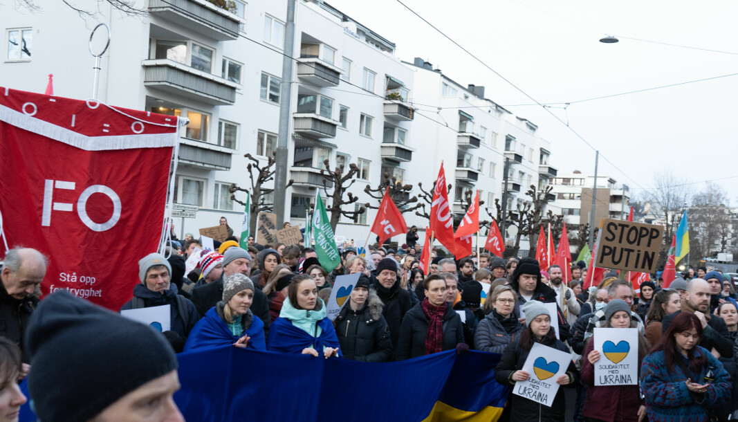 Fra demonstrasjon i Oslo mot Russlands invasjon av Ukraina tidligere i vår.