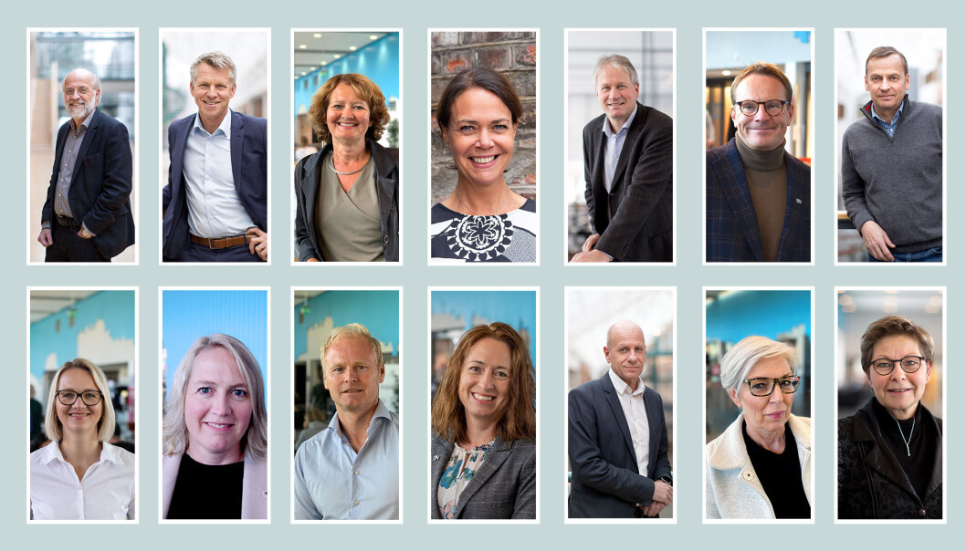 Øverst fra venstre, rektor Petter Aasen, viserektor for ekstern samhandling Nils Kristian Bogen, viserektor for utdanning og studiekvalitet Ingvild Marheim Larsen, viserektor for forskning, innovasjon og internasjonalisering Heidi Kristin Ormstad, dekan ved fakultet for teknologi, naturvitenskap og maritime fag Morten Christian Melaaen, dekan ved fakultetet for humaniora, idretts- og utdanninsvitenskap Per-Ludvik Kjendlie, dekan ved USN handelshøyskolen Hans Anton Stubberud. Nederst fra venstre: dekan ved fakultetet for helse- og sosialvitenskap Pia Cecilie Bing-Jonsson, studiedirektør ved avdeling for utdanning og studiekvalitet Vibeke Bredahl, avdelingsdirektør ved avdeling for forskning, innovasjon og internasjonalisering Thomas Slagsvold, stabssjef Per Eirik Lund, kommunikasjons- og markedsdirektør Reidun Mangrud, økonomidirektør Terje Thomassen, direktør for infrastruktur Gro Bratsberg og personal- og organisasjonsdirektør Elisabeth Borhaug. Øverst fra venstre, rektor Petter Aasen, viserektor for ekstern samhandling Nils Kristian Bogen, viserektor for utdanning og studiekvalitet Ingvild Marheim Larsen, viserektor for forskning, innovasjon og internasjonalisering Heidi Kristin Ormstad, dekan ved fakultet for teknologi, naturvitenskap og maritime fag Morten Christian Melaaen, dekan ved fakultetet for humaniora, idretts- og utdanninsvitenskap Per-Ludvik Kjendlie, dekan ved USN handelshøyskolen Hans Anton Stubberud. Nederst fra venstre: dekan ved fakultetet for helse- og sosialvitenskap Pia Cecilie Bing-Jonsson, studiedirektør ved avdeling for utdanning og studiekvalitet Vibeke Bredahl, avdelingsdirektør ved avdeling for forskning, innovasjon og internasjonalisering Thomas Slagsvold, stabssjef Per Eirik Lund, kommunikasjons- og markedsdirektør Reidun Mangrud, økonomidirektør Terje Thomassen, direktør for infrastruktur Gro Bratsberg og personal- og organisasjonsdirektør Elisabeth Borhaug.