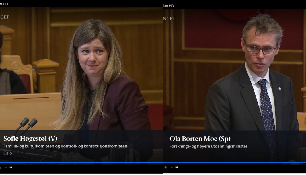 Vi har startet samtaler med Nokut, sa statsråd Ola Borten Moe på spørsmål fra Sofie Høgestøl (V). Borten Moe sa også at det kan være aktuelt å utvide fristen til Samordna opptak.