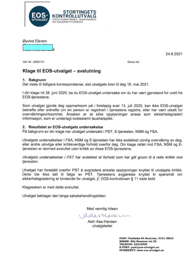 Brevet er gjengitt med tillatelse fra Øyvind Eikrem. Brevet er gjengitt med tillatelse fra Øyvind Eikrem.