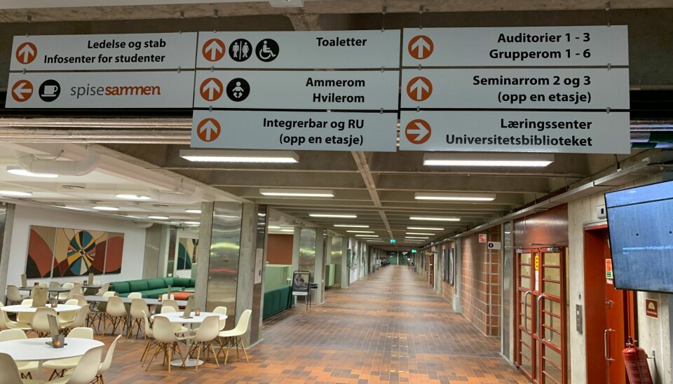 Skilt på bokmål i Realfagbygget, slik retningslinjene tilseier. Språkpolitisk utval meiner at det bør vera meir skilting på nynorsk ved Universitetet i Bergen.