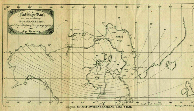 Dette er Hansteen sitt kart over den amerikanske magnetpolen, frå 1825.