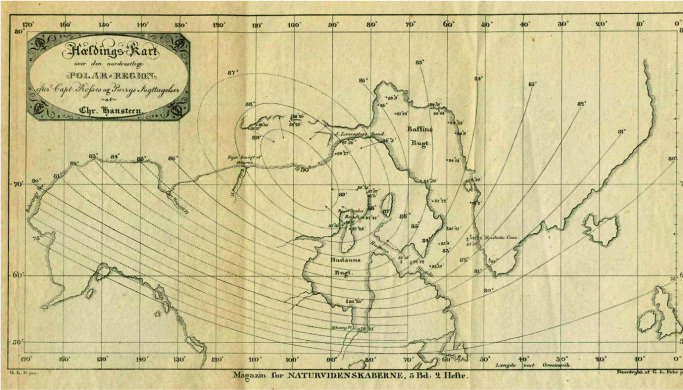 Dette er Hansteen sitt kart over den amerikanske magnetpolen, frå 1825. Dette er Hansteen sitt kart over den amerikanske magnetpolen, frå 1825.