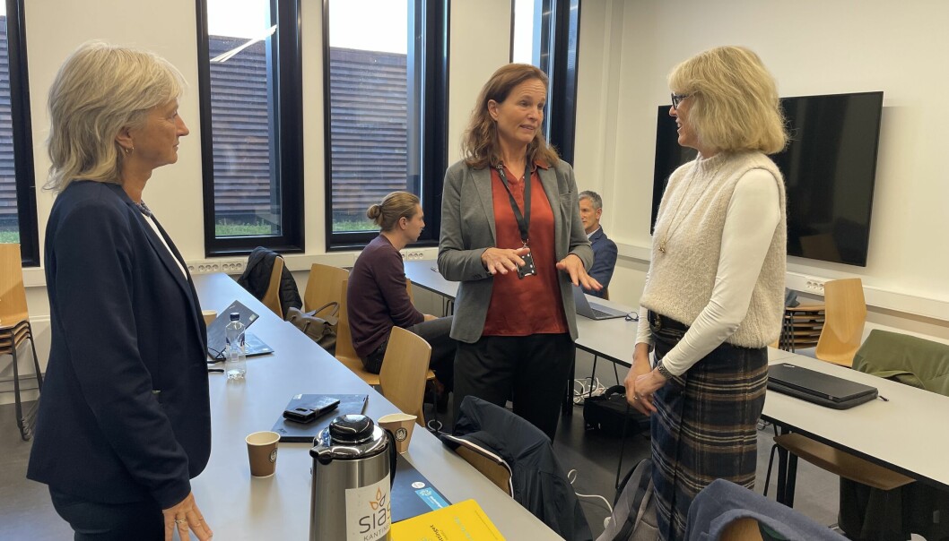 Dekan Anne Storset i samtale med styreleder Hanne Refsholt og eksternt styremedlem Tone Ikdahl i en pause på styremøtet ved NMBU.