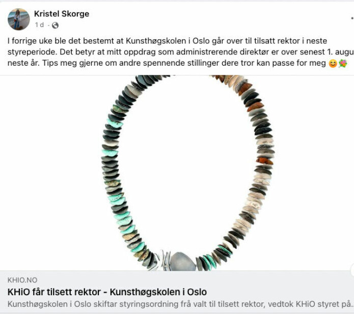 Innlegg på Facebook-siden til administrerende direktør Kristel Jæger Skorge ved KHiO