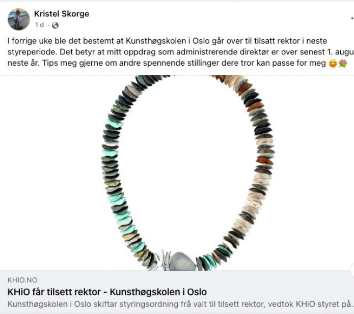 Innlegg på Facebook-siden til administrerende direktør Kristel Jæger Skorge ved KHiO Innlegg på Facebook-siden til administrerende direktør Kristel Jæger Skorge ved KHiO
