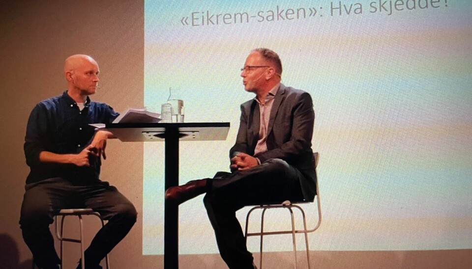 Jo Skårderud (t.v.) journalist i Klassekampen og postdoc Øyvind Eikrem, NTNU under Stockmanndagene i Trondheim 2022