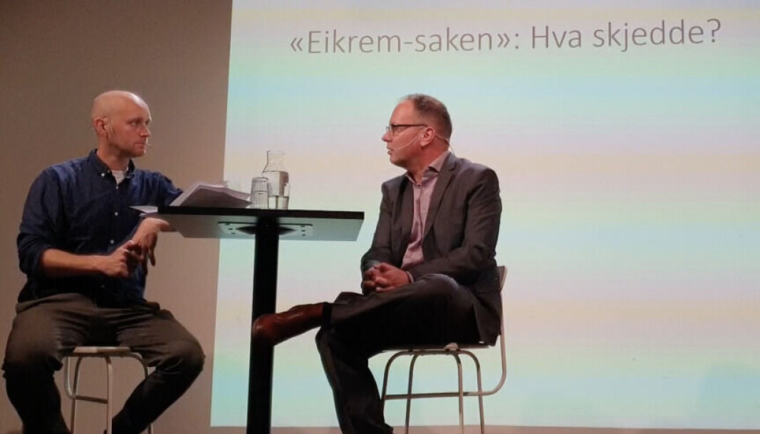 Jo Skårderud (t.v.) journalist i Klassekampen og postdoc Øyvind Eikrem, NTNU skapte høy temperatur under Stockmanndagene i Trondheim fredag. Jo Skårderud (t.v.) journalist i Klassekampen og postdoc Øyvind Eikrem, NTNU skapte høy temperatur under Stockmanndagene i Trondheim fredag.