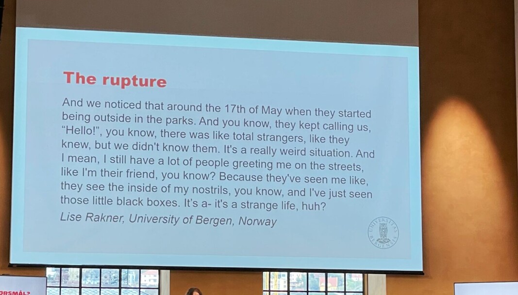 Lise Rakner ble intervjuet av Yael Harlap og Robert Gray om i en studie om hvordan det var å undervise under pandemien. Her er et sitat fra henne, som ble lest opp under UiB sin digitaliseringskonferanse i november. Lise Rakner ble intervjuet av Yael Harlap og Robert Gray om i en studie om hvordan det var å undervise under pandemien. Her er et sitat fra henne, som ble lest opp under UiB sin digitaliseringskonferanse i november.