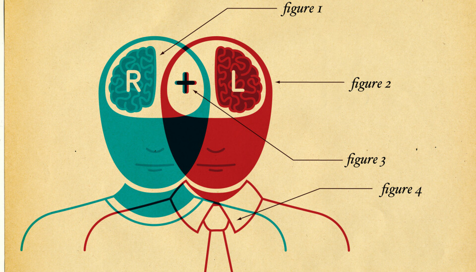 Figurativ illustrasjon av kreativitet. To skikkelser med hver sin fremtredende hjernehalvdel, venstre og høyre.