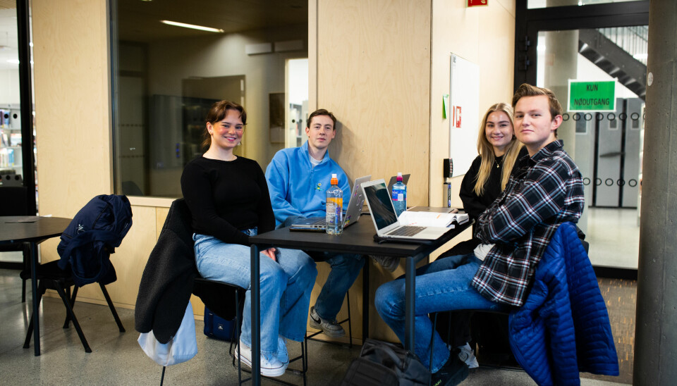 Studentene Helfrid Olsborg, Magne Vorhaug, Kristine Ringlund og Magnus Malones sittende rundt et bord.