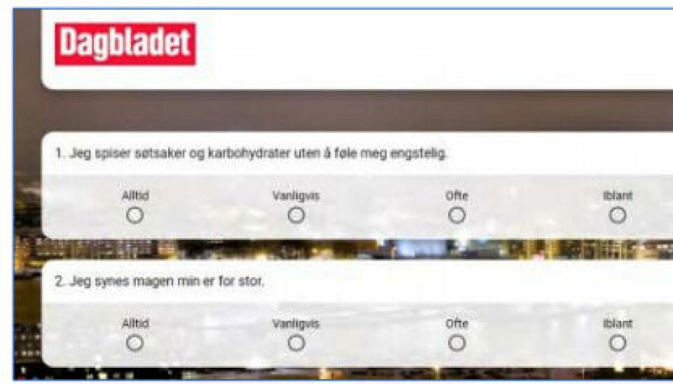 Ekspempler på spørsmål fra EDI-3-undersøkelsen. Rundt 400 skiungdommer svarte på undersøkelsen. Bildet er hentet fra Dagbladets Skup-rapport.