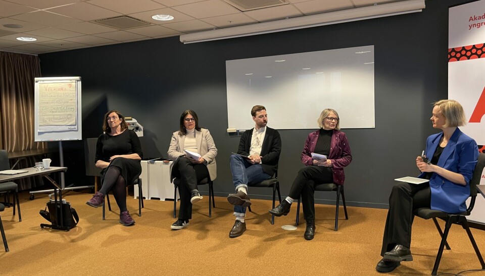 Denne panelsamtalen dannet grunnlaget for kronikken. Med i bildet er, fra venstre: May-Brith Ohman Nielsen, Åsta Lovise H. Einstadbland, Kai Arne Hansen (AYF) og Sunniva Whittaker, med Ingvild Reymert (AYF) som ordstyrer. Panelsamtale under Universitets- og høgskolerådets likestillingskonferanse. Med i bildet er, fra venstre: May-Brith Ohman Nielsen, Åsta Lovise H. Einstadbland, Kai Arne Hansen (AYF) og Sunniva Whittaker, med Ingvild Reymert (AYF) som ordstyrar.