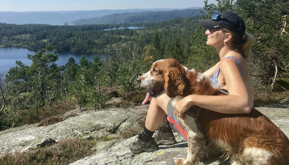 Kvinne med caps og solbriller sittende med hund på en fjelltopp med utsikt til skog og vann.