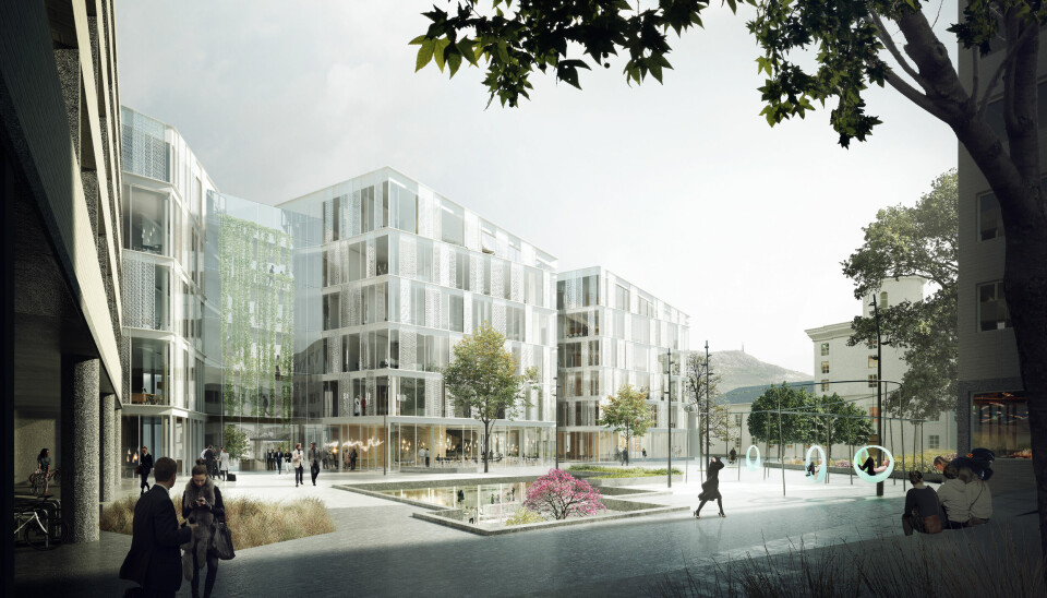 Slik ser Universitetet i Bergen for seg hvordan den nye klyngen på Nygårdshøyden sør kan bli seende ut.