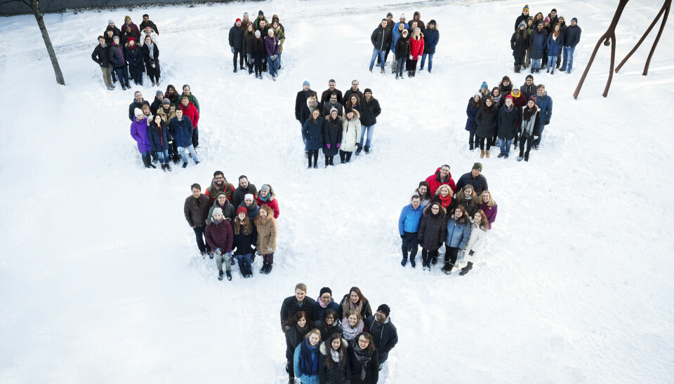 Ansatte på Kavli-instituttet ved NTNU i grupper på ti stående ute i snøen