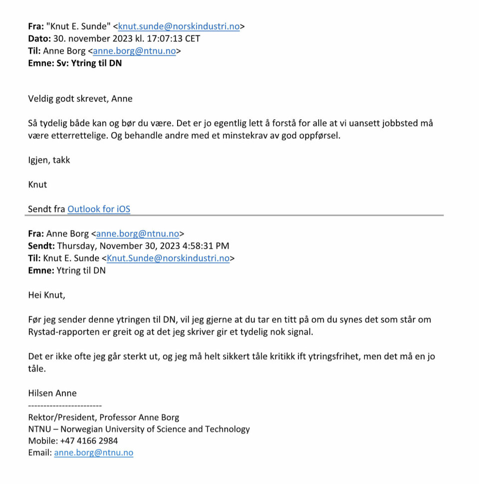 Faksimile av e-postutveksling mellom Knut Sunde og Anne Borg.