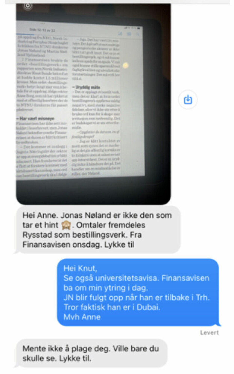 Skjermdump av tekstmeldinger mellom Knut Sunde og Anne Borg.