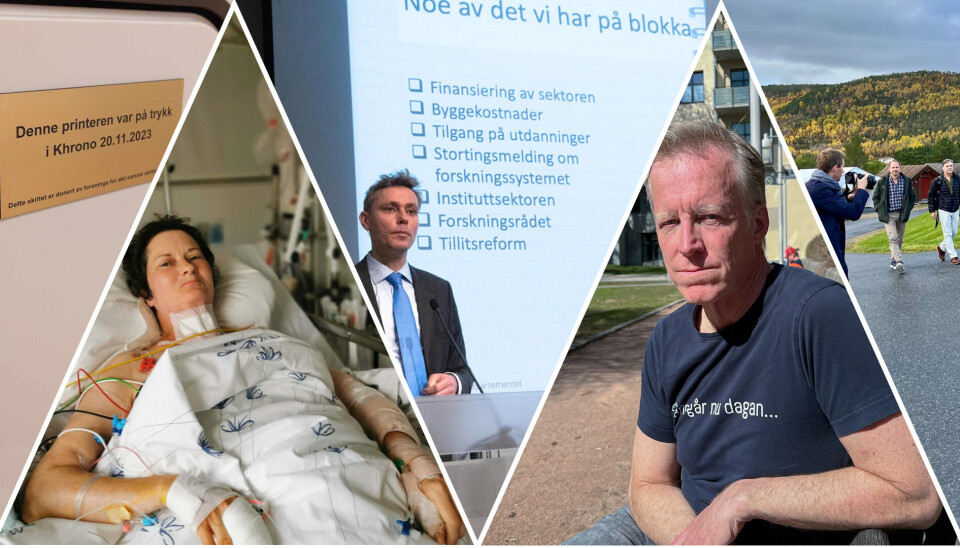 Fra venstre skiltet 'Denne printeren kom på trykk i Khrono'; Ola Borten Moe; Curt Rice; og Fotograf Paul S. Amundsen og Bruce (til høyre) og Svenn-Egil utanfor Arran på Drag.