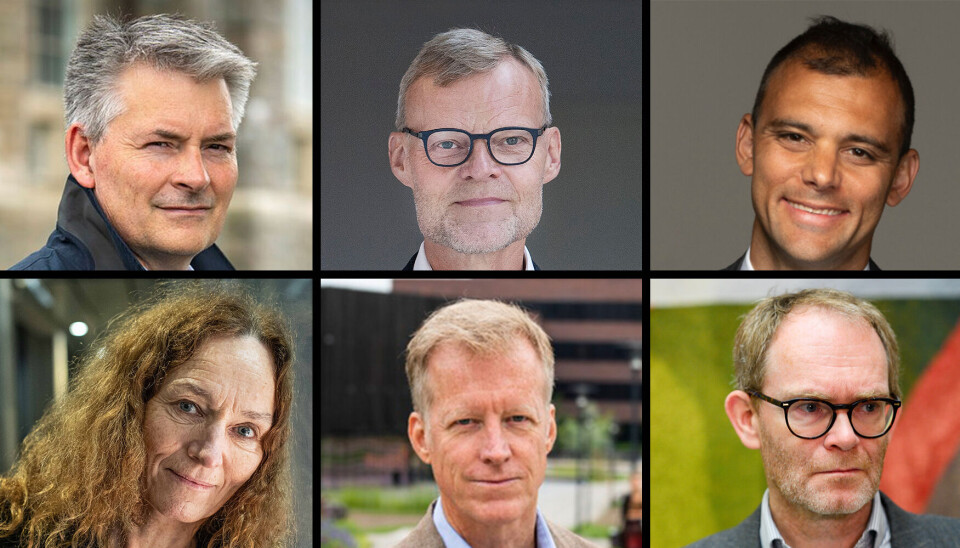 Bilder av Fra venstre til høyre, øverst til nederst: Bjørn Haugstad, direktør for organisasjon og infrastruktur ved NTNU, Per Michael Johansen, rektor ved universitetet i Aalborg, Carl Christian Thodesen, prorektor ved OsloMet, Camilla Stoltenberg, direktør i Norce, Curt Rice, tidligere rektor ved NMBU og OsloMet og Oddmund Løkensgard Hoel, statssekretær i Kunnskapsdepartementet og professor ved HVL.