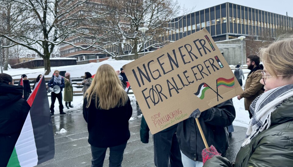En student holder opp et skilt på student-streik på Universitetet i Oslo den 2.februar 2024. På skiltet står det 'Ingen er fri før alle er fri!'