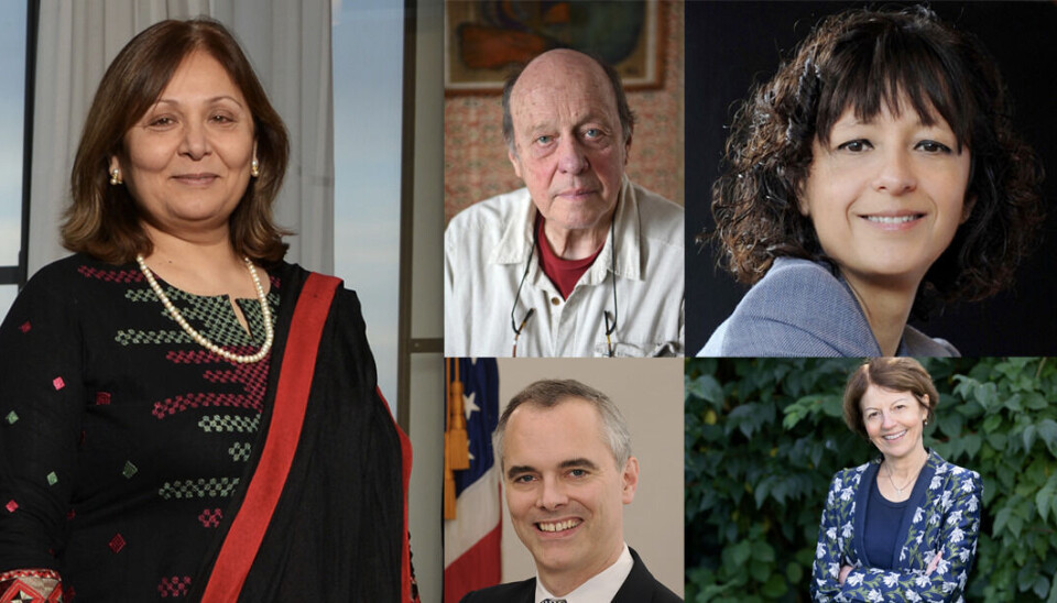 Det var 18 nye æresdoktorer som ble annonsert av UiO. Fra venstre, topp til bunn: Shaheen Sardar Ali, James Scott, Emmanuelle Charpentier, Dr. Richard Hatchett, Anne Larigauderie