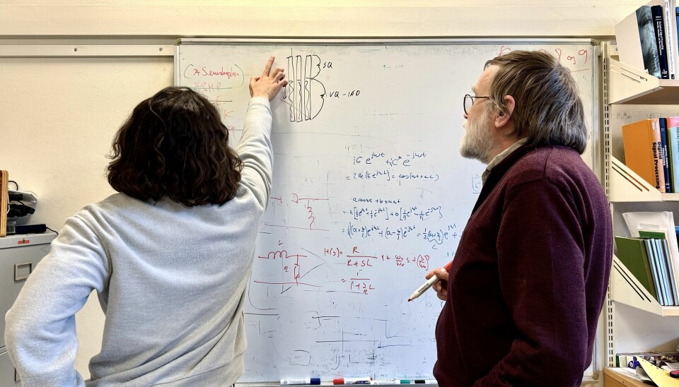 Professor Lars Lundheim ser på student Aria Alinejad som skriver på tavla.