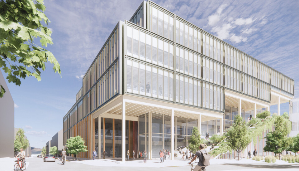 Et eget bygg for økonomi og innovasjon inngår også som en del av campusprosjektet. Illustrasjon av campussamling på NTNU