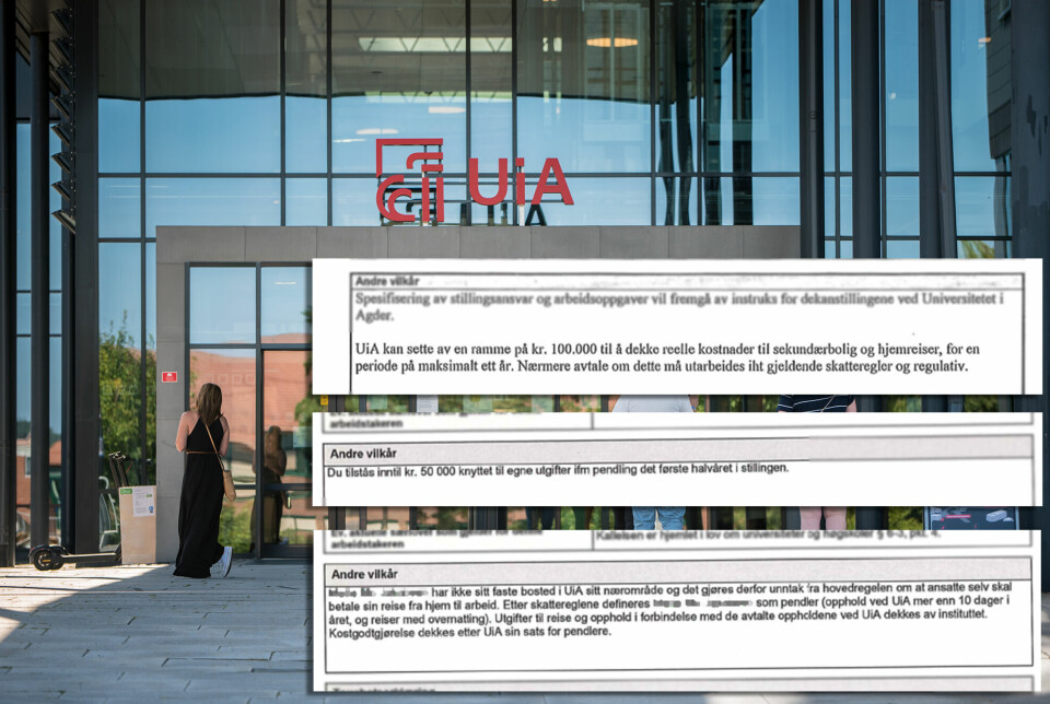 Bilde av inngangen til Universitetet i Agder med skjermdumper fra arbeidsavtaler limt inn.