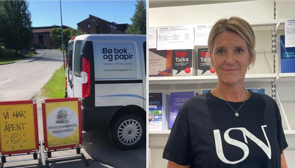 Så langt, men ikke lenger. Bokhandler Heidi Kjellsen Bærland stiller seg undrende til at hun ikke fikk presentere pensumbøker på campus i forbindelse med studiestart. Heidi Kjellsen Bærland