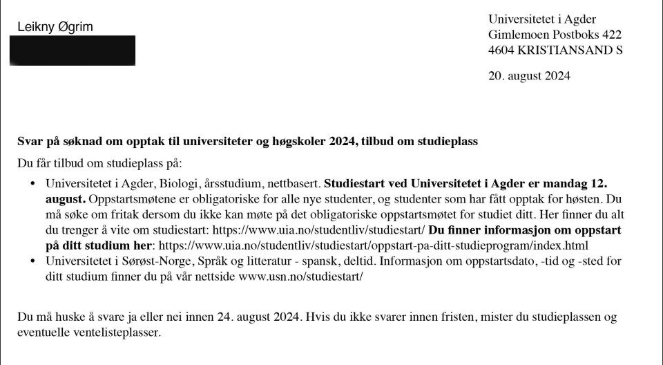 Utdrag fra brevet hun har fått (adresse sladdet av Khrono).