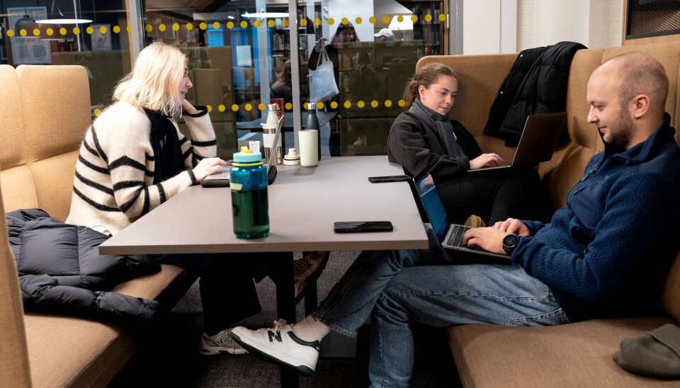Amanda Brevik Haukås og Kasper Borgerås (de to til høyre) går på grunnskolelærerutdanning trinn 5-10 på OsloMet. Her er de i sin favorittkrok på universitetsbiblioteket.