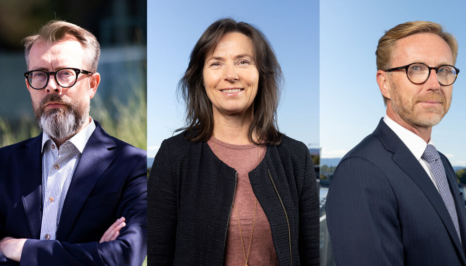 Thomas Hoholm (t.v.), Ingunn Myrtveit og Bendik M. Samuelsen er ansatt som prorektorer ved BI for perioden 2025-26.