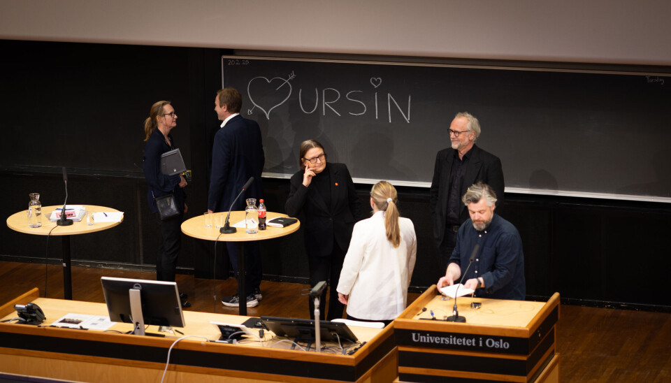 Stefan Krauss ble «fersket» av kommunikasjonsdirektør ved UiO, Berit Kolberg Rossiné, da han tegnet et hjerte og Ursin på tavlen bak podiet der den siste rektordebatten skulle finne sted. Hun måtte tørke bort påfunnet til prorektorkandidaten.