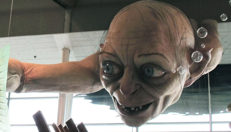 En gigantisk statue av Gollum på Wellington Airport i New Zealand der Hobbiten og Ringenes Herre er spilt inn. En ny studie finner mange likhetstrekk mellom Gollum og eiesyke akademikere. Gollumfigur griper etter fisk