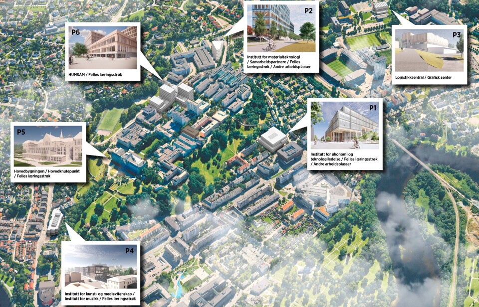 Etter å ha regnet over en gang til viser det seg at Statsbygg har undervurdert behovet for penger til brukerutstyr NTNUs nye bygg med flere hundre millioner. En illustrasjon som viser hvordan NTNUs nye campus er planlagt å se ut.