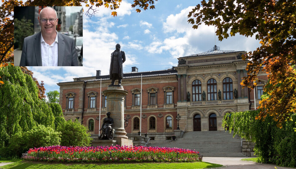 Et av Sveriges toppuniversiteter, Uppsala universitet, har valgt å komme med en tydelig politisk uttalelse om Gaza. — Vi har åpnet for en diskusjon om universitetets rolle og akademiske frihet, sier rektor Anders Hagfeldt. Bilde av Uppsala universitet med bilde av Anders Hagfeldt lagt oppå