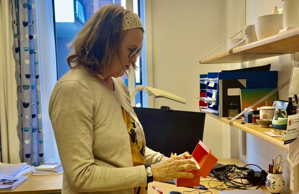 Idunn Bøyum viser fram et fint minne: Kartoteket fra bibliotekarutdanninga på 80-tallet.